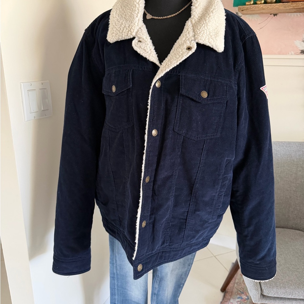 Men’s GUESS Faux Fur Corduroy Trucker Bomber Jacket Size 2XL Navy